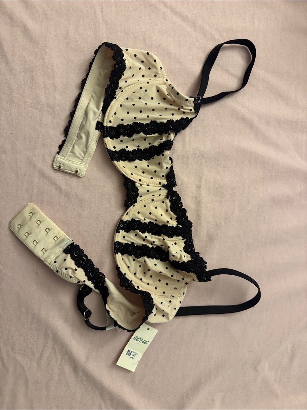 aerie Cream & Black Polka Dot Lace Underwire Bra - Scalloped Trim